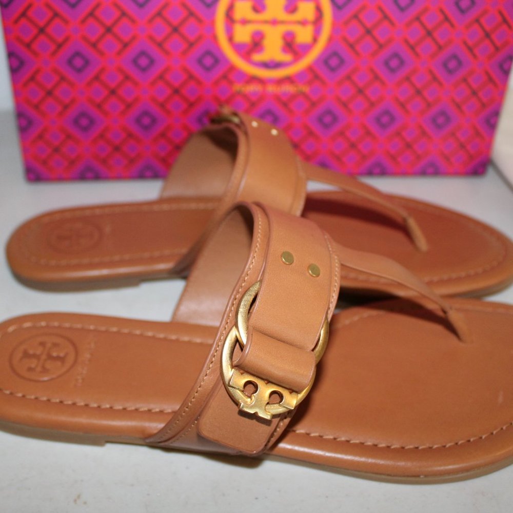 TORY BURCH MARSDEN FLAT THONG SANDALS TAN LEATHER - Picture 7 of 9